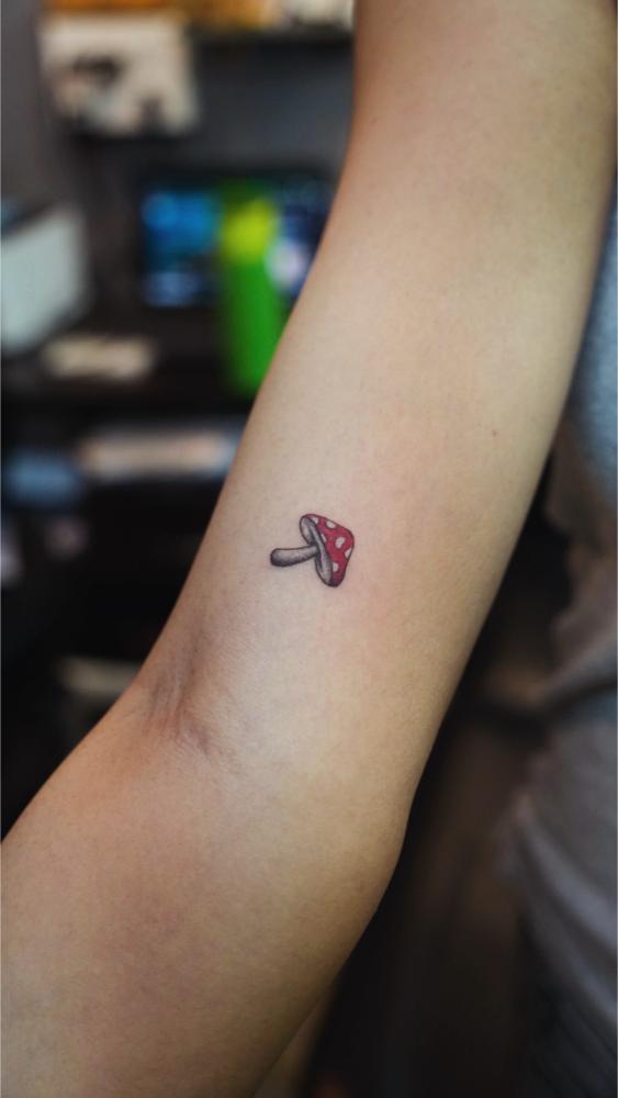 Mushroom Minimal Colour Realism tattoo, Screamzonetattoo tattoo studio in Mumbai